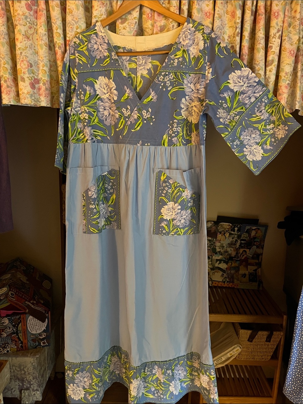Blue Floral Maxi Dress with Patch Pockets